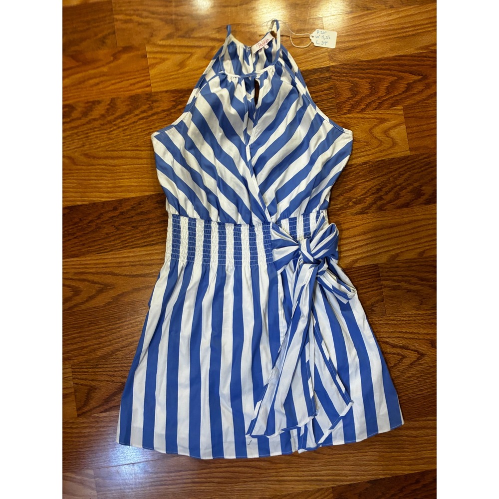 Parker Halter Smocked Waist Mini Dress Coastal Bow Small Blue White Striped
